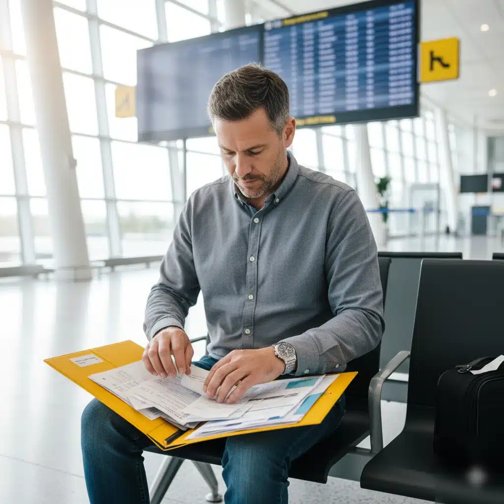 Viajera mirando el panel del aeropuerto tras la cancelación 