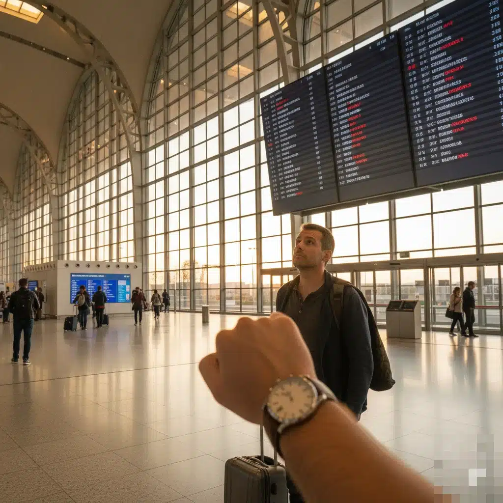 Pasajera frente a panel de salidas con “retraso”, maleta de 