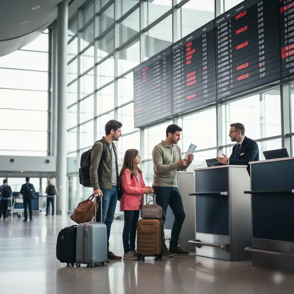 Pasajeros afectados por una cancelación de vuelo recibiendo 