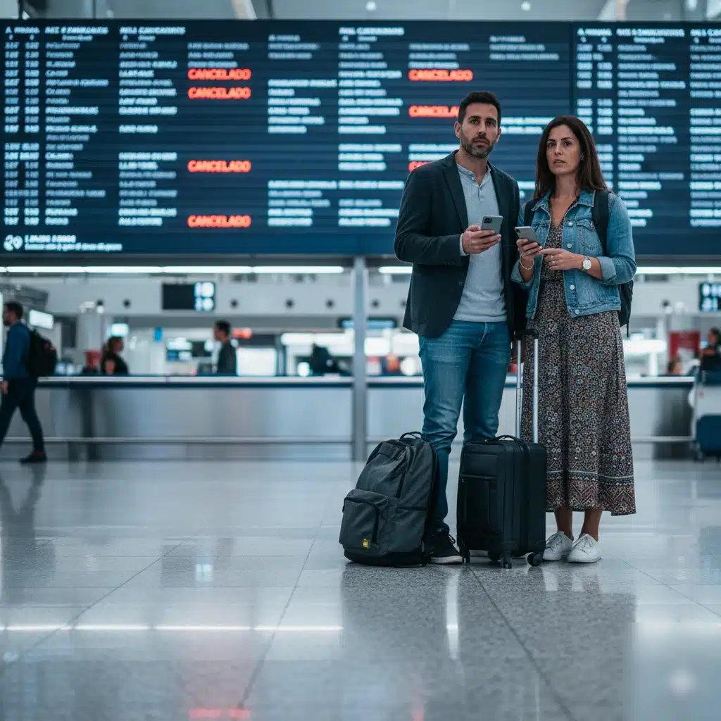 Pasajeros revisando información en el aeropuerto para reclam