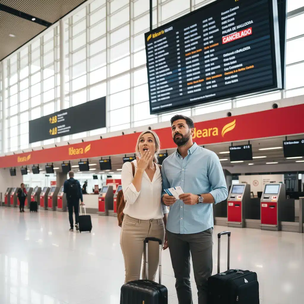 Pareja observando en el aeropuerto un panel con su vuelo can