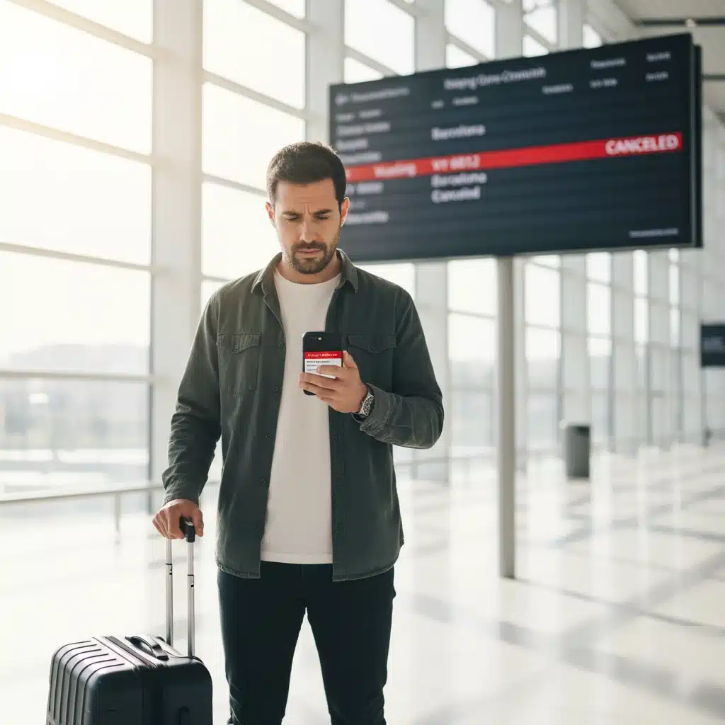 Pasajero revisando en el aeropuerto la cancelación de un vue
